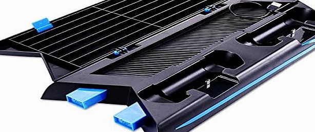 SuperStore_Electronics PS4 Stand, SuperStore_Electronics [Upgraded Version] PS4 Vertical Stand Cooling Fan Dual Charging Station for Playstation 4 DualShock 4 Controllers, with Dual USB HUB Charger Ports, Black